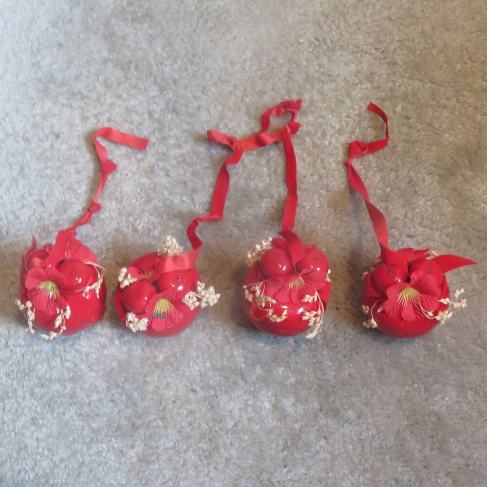 Lot 4 Vintage Holiday Hanging Red Apple Christmas Ornaments w/ Red Ribbon